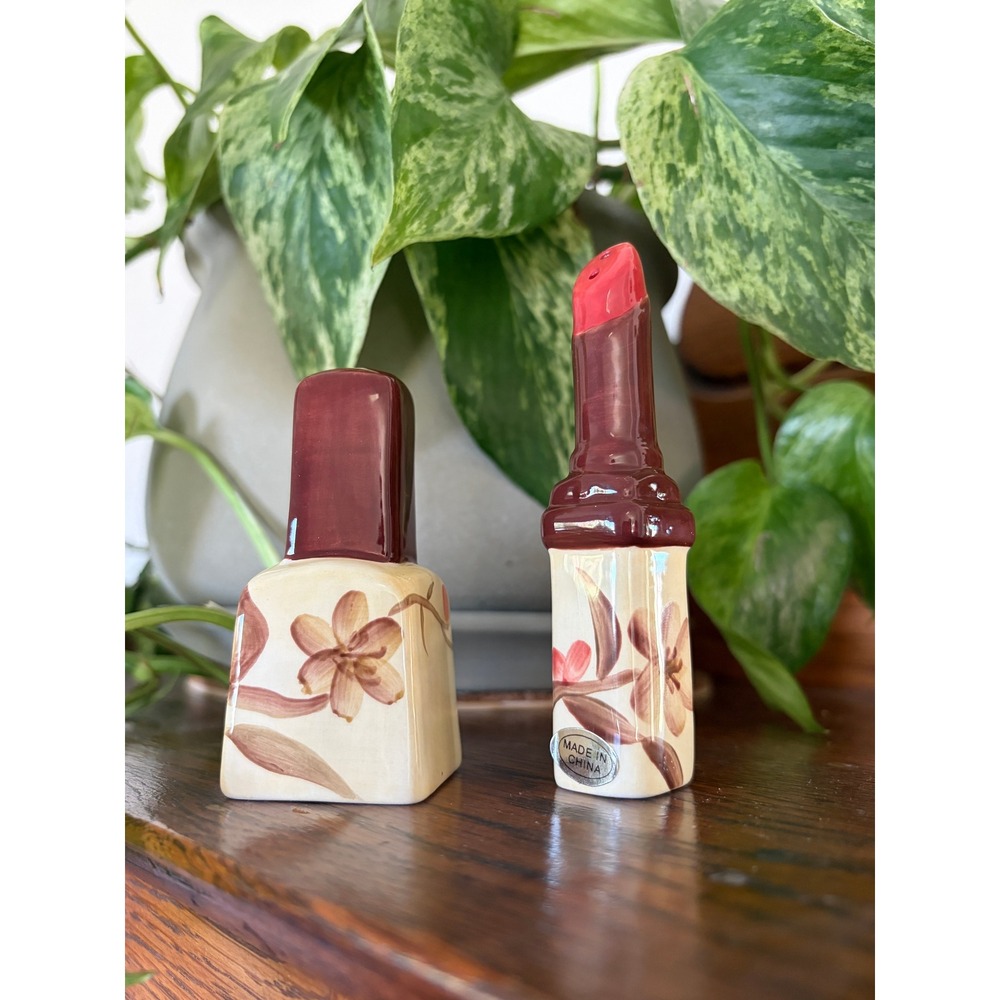 Vintage Ceramic Lipstick and Nail Polish Salt and Pepper Shaker Set Floral